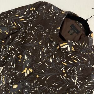 Silk Land Brown Leaf Patterned 100% Silk Button Up 3/4 Sleeve Jacket Blazer XL